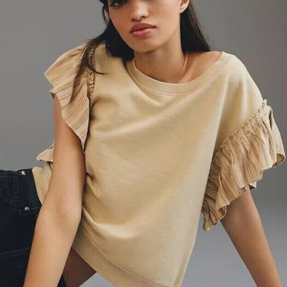 Anthropologie Pilcro Chambray Flutter-Sleeve Cotton Blouse Top Striped LP